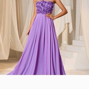 Strapless Lavender Rosette Bodice Evening Dress
